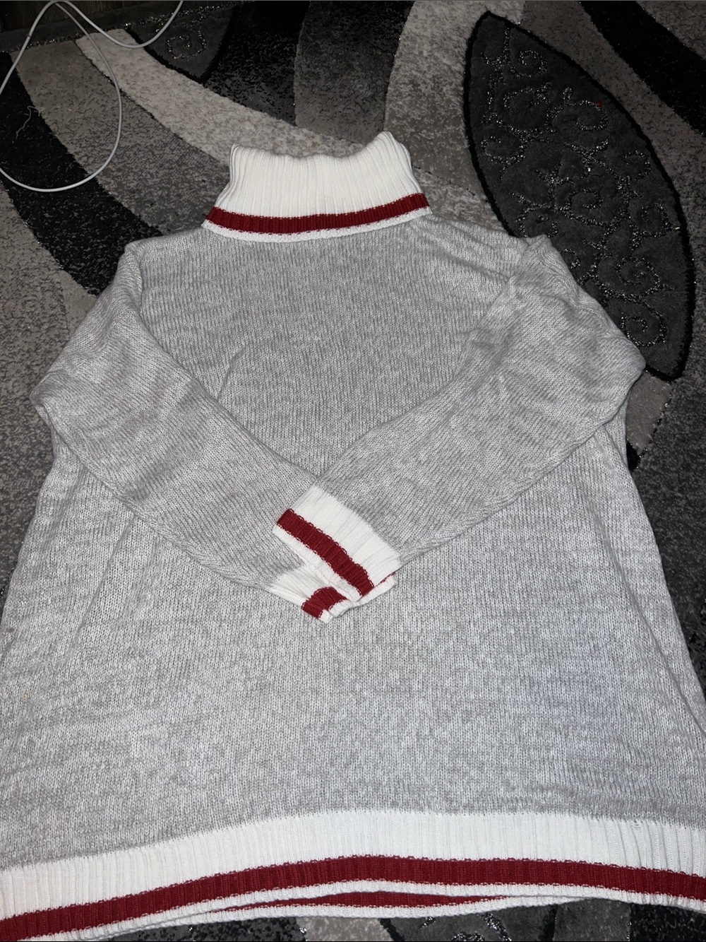 Light Gray Turtleneck Sweater with Red Stripe Trim